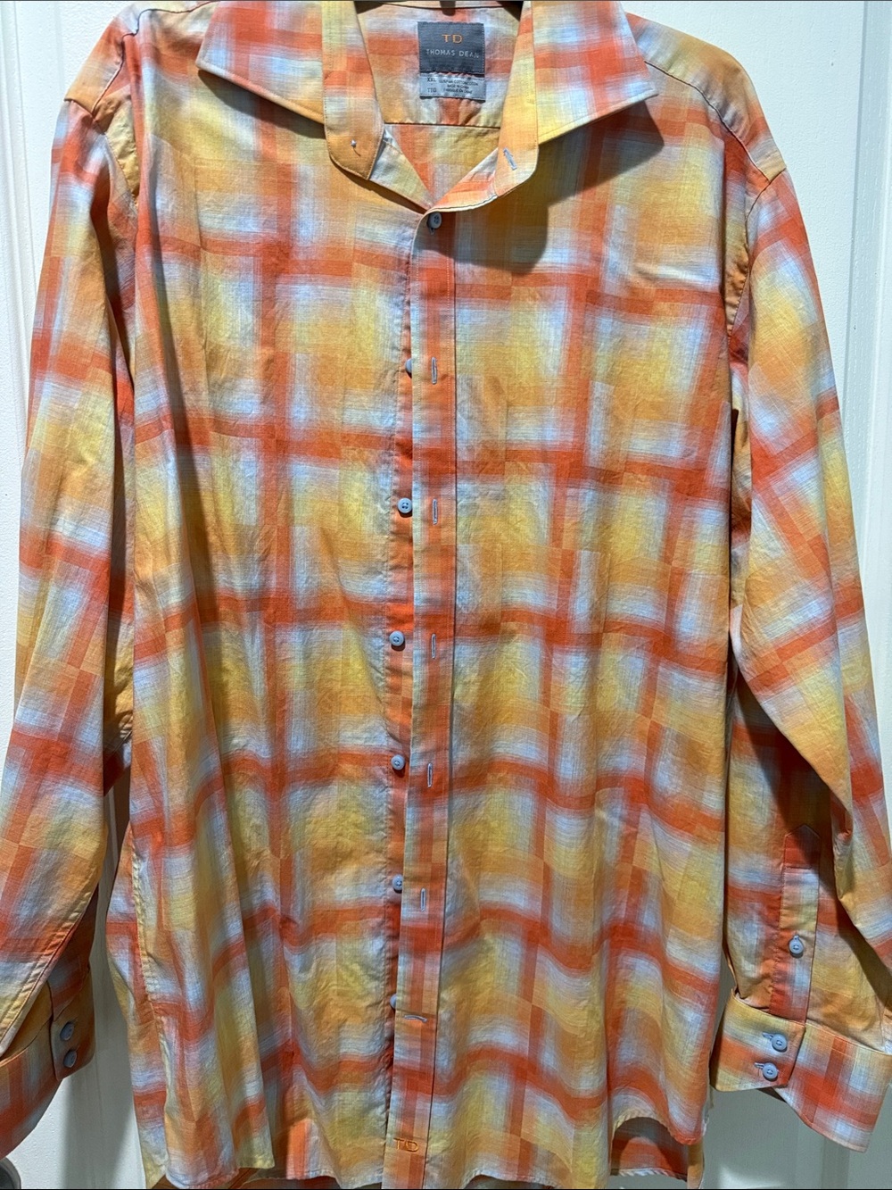 Thomas Dean Orange, Yellow and Light Blue Plaid Button-Down Shirt